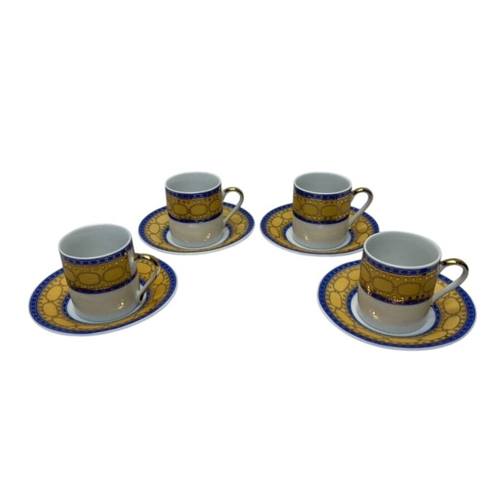 Japan Style Demitasse Set of 4 Gold Cobalt Blue Espresso Coffee Cups and Saucers